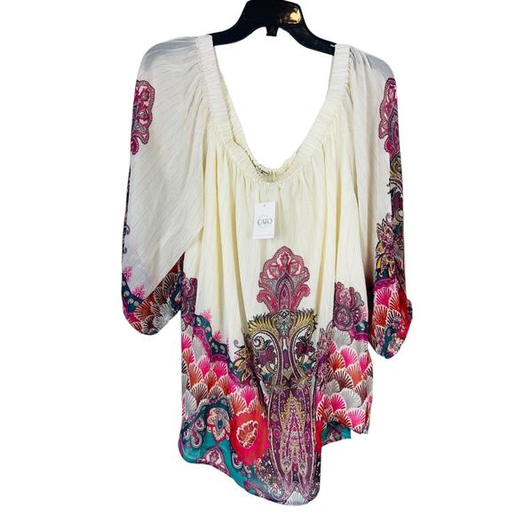 NWT Cato Womens Bohemian Relaxed Fit Printed Blouse Top Puff Sleeve Cream 22/24W - Picture 3 of 7